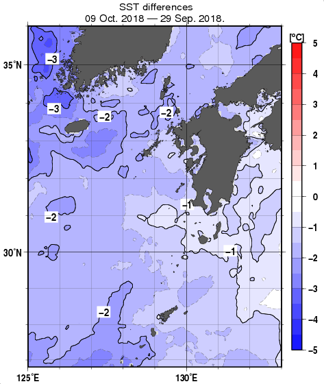 九州・山口県周辺海域の10日間の海面水温変化量分布図（10月9日）
