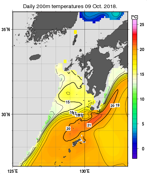 九州・山口県周辺海域の深さ200mの水温分布図（10月9日）
