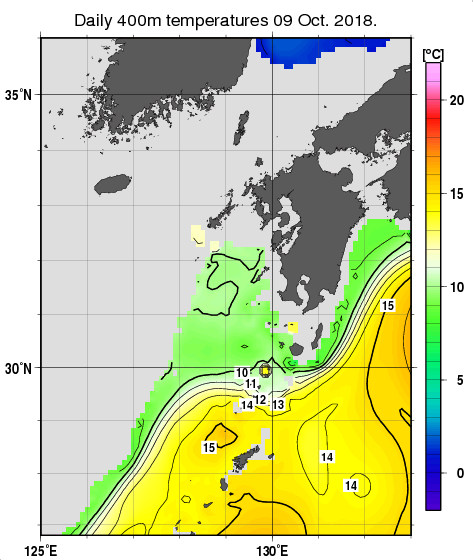 九州・山口県周辺海域の深さ400mの水温分布図（10月9日）