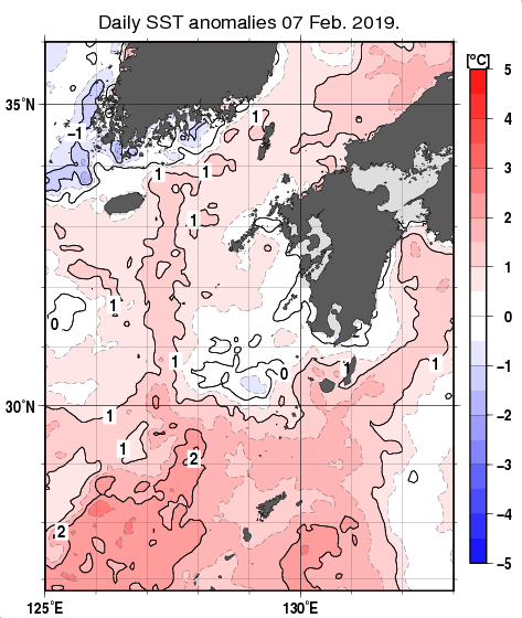 九州・山口県周辺海域の海面水温平年差分布図（2月7日）