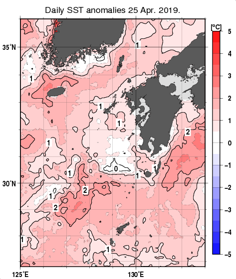 九州・山口県周辺海域の海面水温平年差分布図（4月25日）