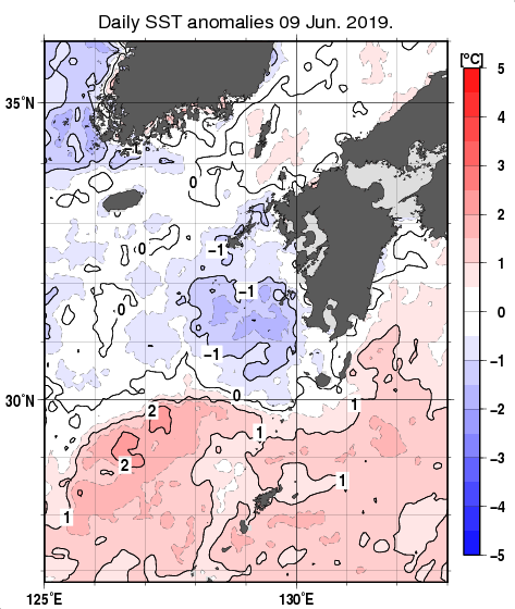 九州・山口県周辺海域の海面水温平年差分布図（6月9日）
