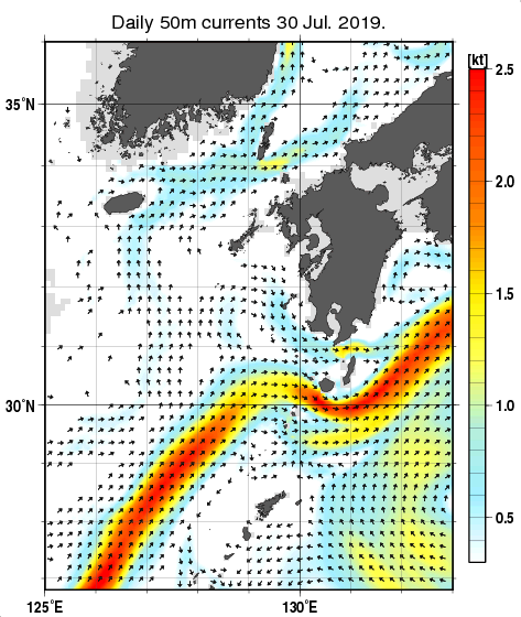 九州・山口県周辺海域の深さ50mの海流分布図（7月30日）