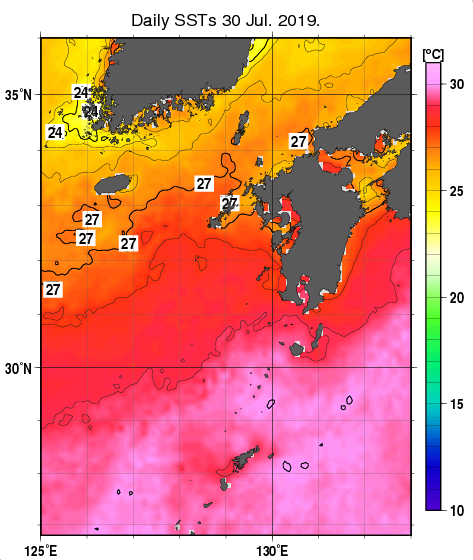 九州・山口県周辺海域の海面水温分布図（7月30日）