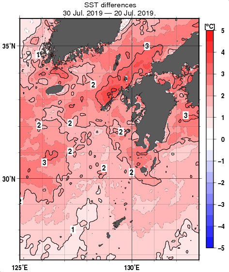九州・山口県周辺海域の10日間の海面水温変化量分布図（7月30日）