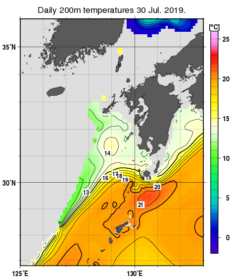 九州・山口県周辺海域の深さ200mの水温分布図（7月30日）