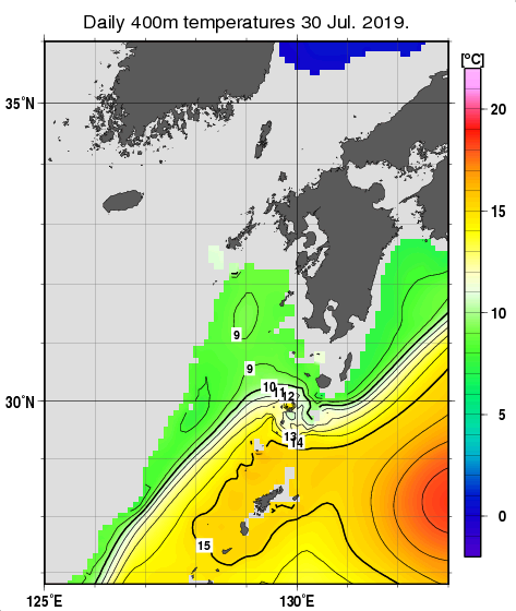 九州・山口県周辺海域の深さ400mの水温分布図（7月30日）