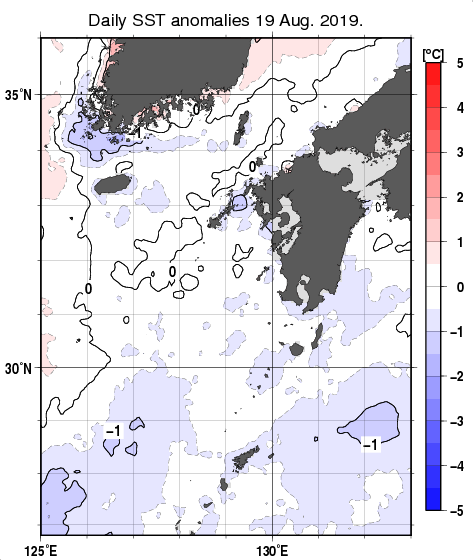九州・山口県周辺海域の海面水温平年差分布図（8月19日）
