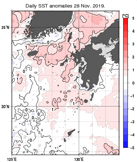 九州・山口県周辺海域の海面水温平年差分布図（11月28日）