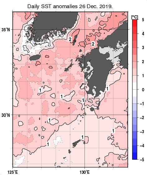 九州・山口県周辺海域の海面水温平年差分布図（12月26日）