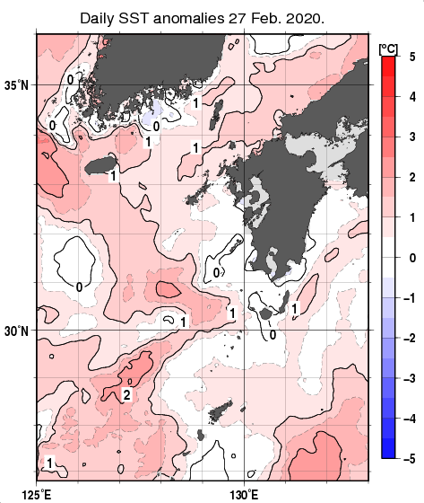 九州・山口県周辺海域の海面水温平年差分布図（2月27日）