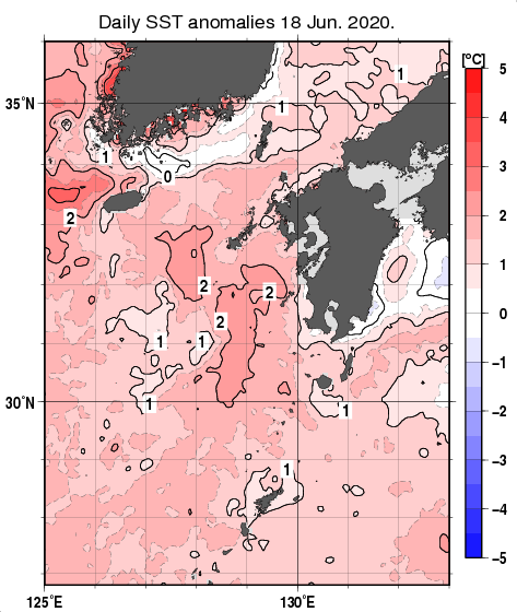 九州・山口県周辺海域の海面水温平年差分布図（6月18日）