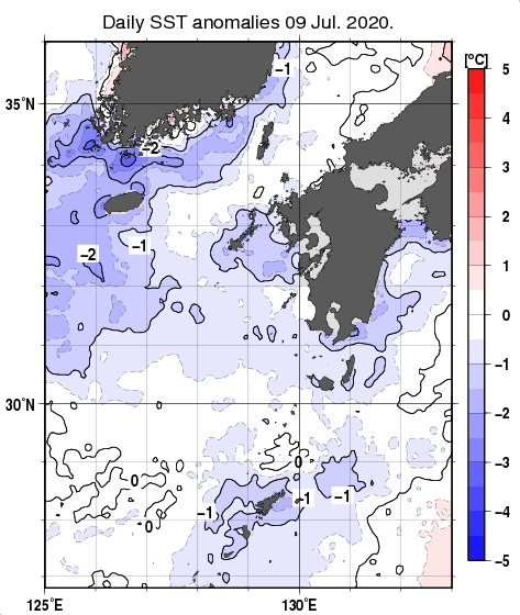 九州・山口県周辺海域の海面水温平年差分布図（7月9日）