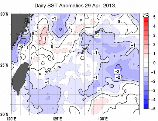 沖縄周辺海域の海面水温偏差分布図（4月29日）