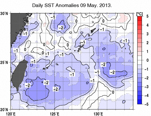 沖縄周辺海域の海面水温偏差分布図（5月9日）