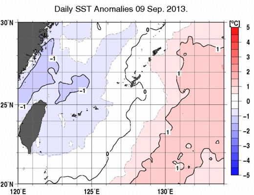 沖縄周辺海域の海面水温平年差分布図（9月9日）