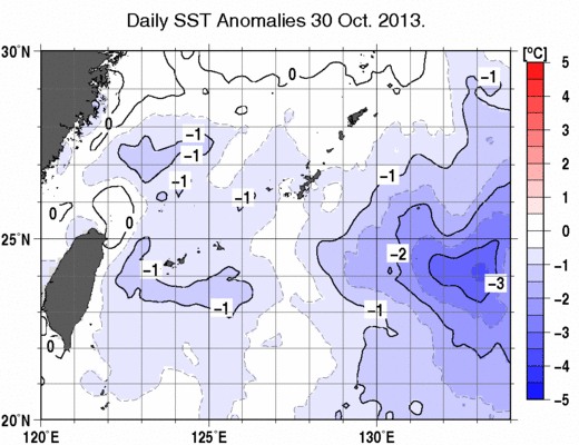 沖縄周辺海域の海面水温平年差分布図（10月30日）