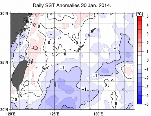 沖縄周辺海域の海面水温平年差分布図（1月30日）