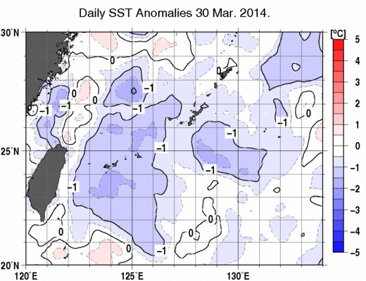 沖縄周辺海域の海面水温平年差分布図（3月30日）