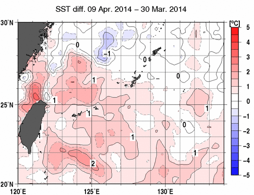 沖縄周辺海域の10日間の海面水温変化量分布図（4月9日）