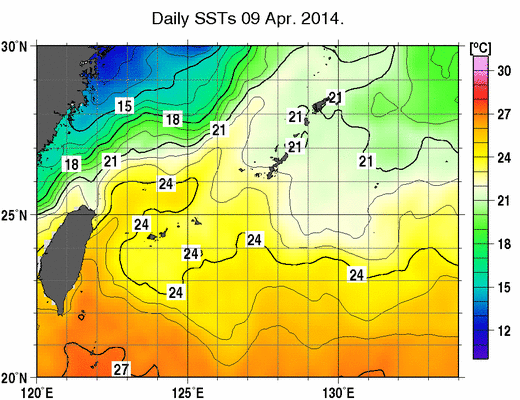 沖縄周辺海域の海面水温分布図（4月9日）