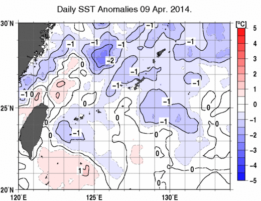 沖縄周辺海域の海面水温平年差分布図（4月9日）