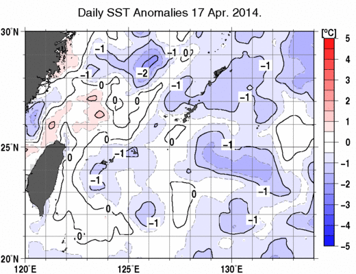 沖縄周辺海域の海面水温平年差分布図（4月17日）