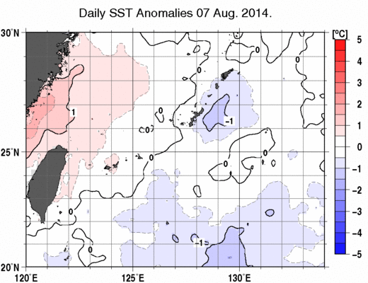 沖縄周辺海域の海面水温平年差分布図（8月7日）