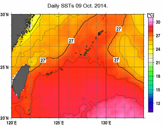 沖縄周辺海域の海面水温分布図（10月9日）