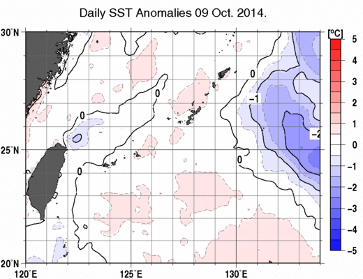 沖縄周辺海域の海面水温平年差分布図（10月9日）