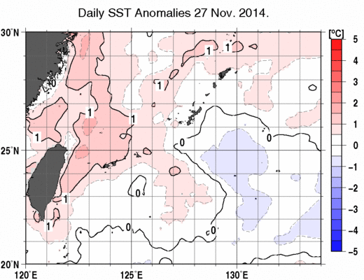 沖縄周辺海域の海面水温平年差分布図（11月27日）
