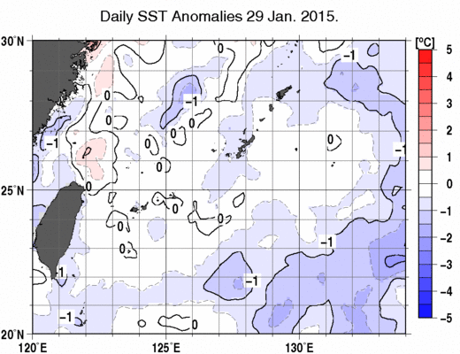 沖縄周辺海域の海面水温平年差分布図（1月29日）