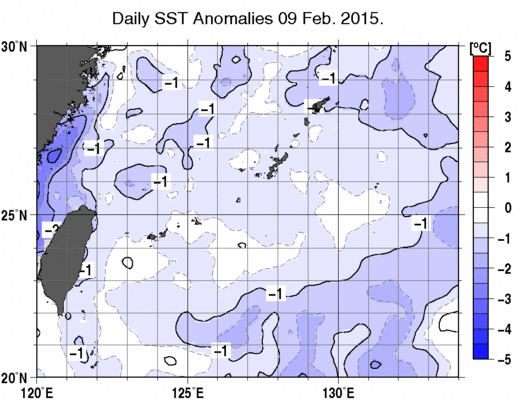 沖縄周辺海域の海面水温平年差分布図（2月9日）