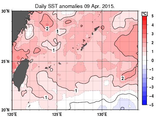 沖縄周辺海域の海面水温平年差分布図（4月9日）