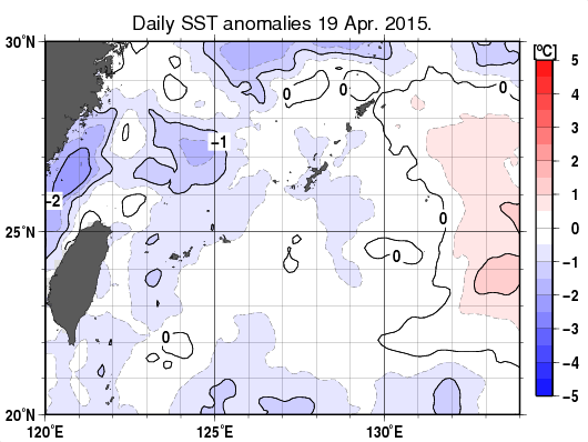 沖縄周辺海域の海面水温平年差分布図（4月19日）