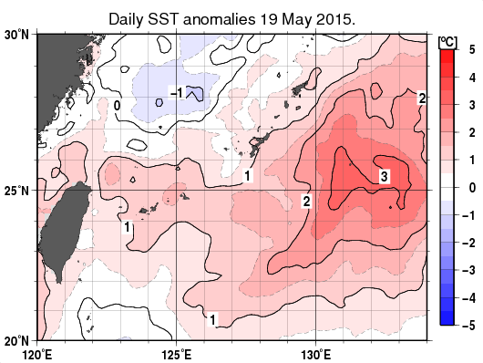 沖縄周辺海域の海面水温平年差分布図（5月19日）