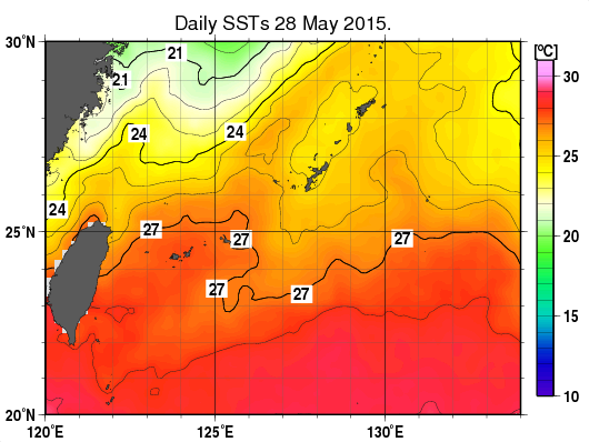 沖縄周辺海域の海面水温分布図（5月28日）