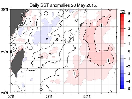 沖縄周辺海域の海面水温平年差分布図（5月28日）