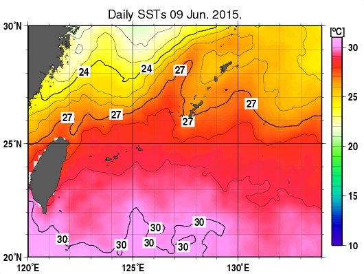 沖縄周辺海域の海面水温分布図（6月9日）