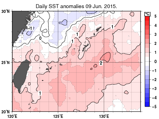 沖縄周辺海域の海面水温平年差分布図（6月9日）