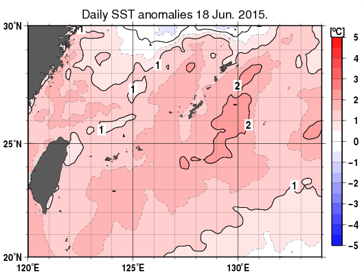 沖縄周辺海域の海面水温平年差分布図（6月18日）