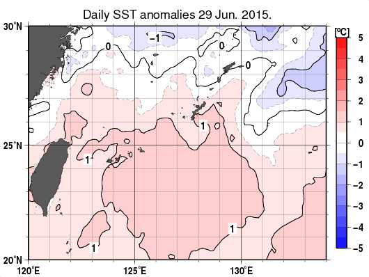 沖縄周辺海域の海面水温平年差分布図（6月29日）