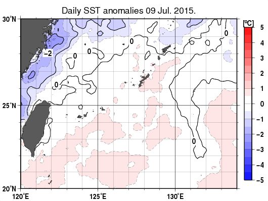 沖縄周辺海域の海面水温平年差分布図（7月9日）
