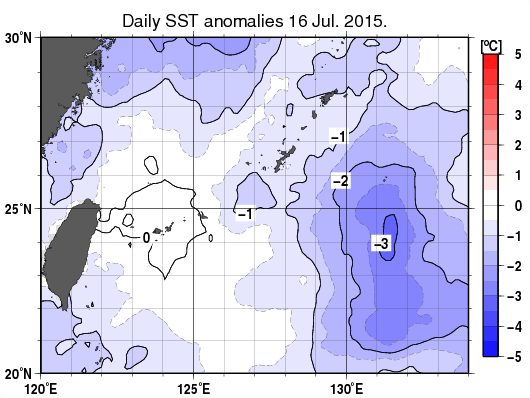 沖縄周辺海域の海面水温平年差分布図（7月16日）