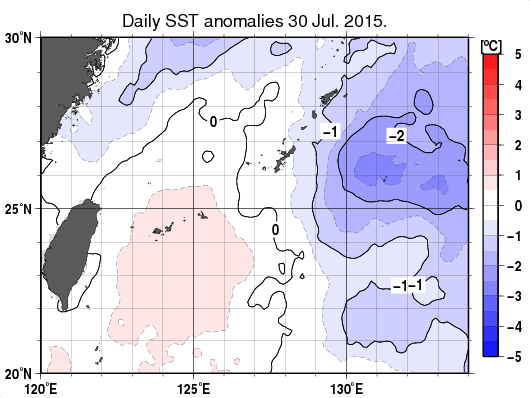 沖縄周辺海域の海面水温平年差分布図（7月30日）