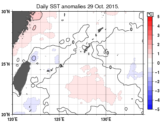 沖縄周辺海域の海面水温平年差分布図（10月29日）
