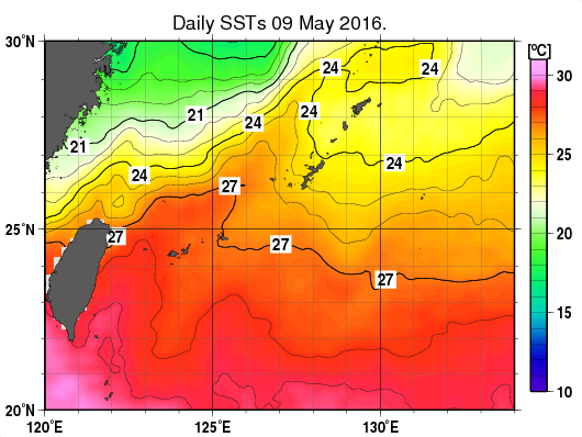 沖縄周辺海域の海面水温分布図（5月9日）