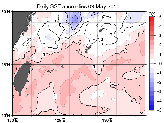 沖縄周辺海域の海面水温平年差分布図（5月9日）