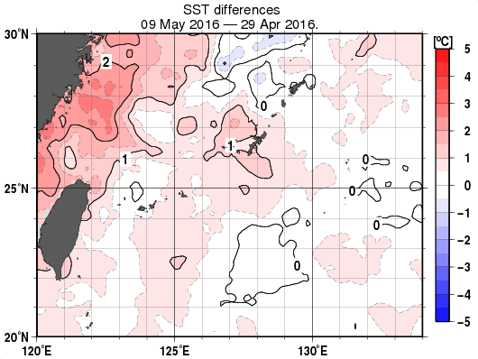 沖縄周辺海域の10日間の海面水温変化量分布図（5月9日）