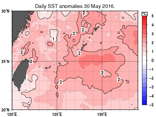 沖縄周辺海域の海面水温平年差分布図（5月30日）